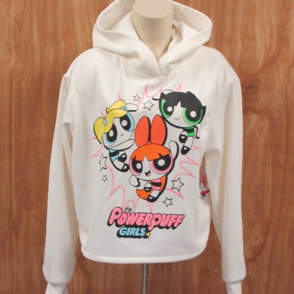 POWERPUFF GIRLS Cropped‎ Hoodie Sweatshirt Juniors Sz Medium Cartoon Network NWT